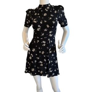 Reformation Black Floral Mock Neck Puff Sleeve Mini Dress Size 2